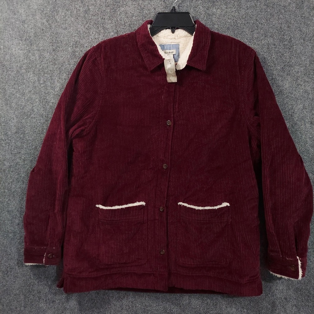 L.L. Bean Jacket Womens Medium Red Corduroy Sherpa Lined Button Chore Barn